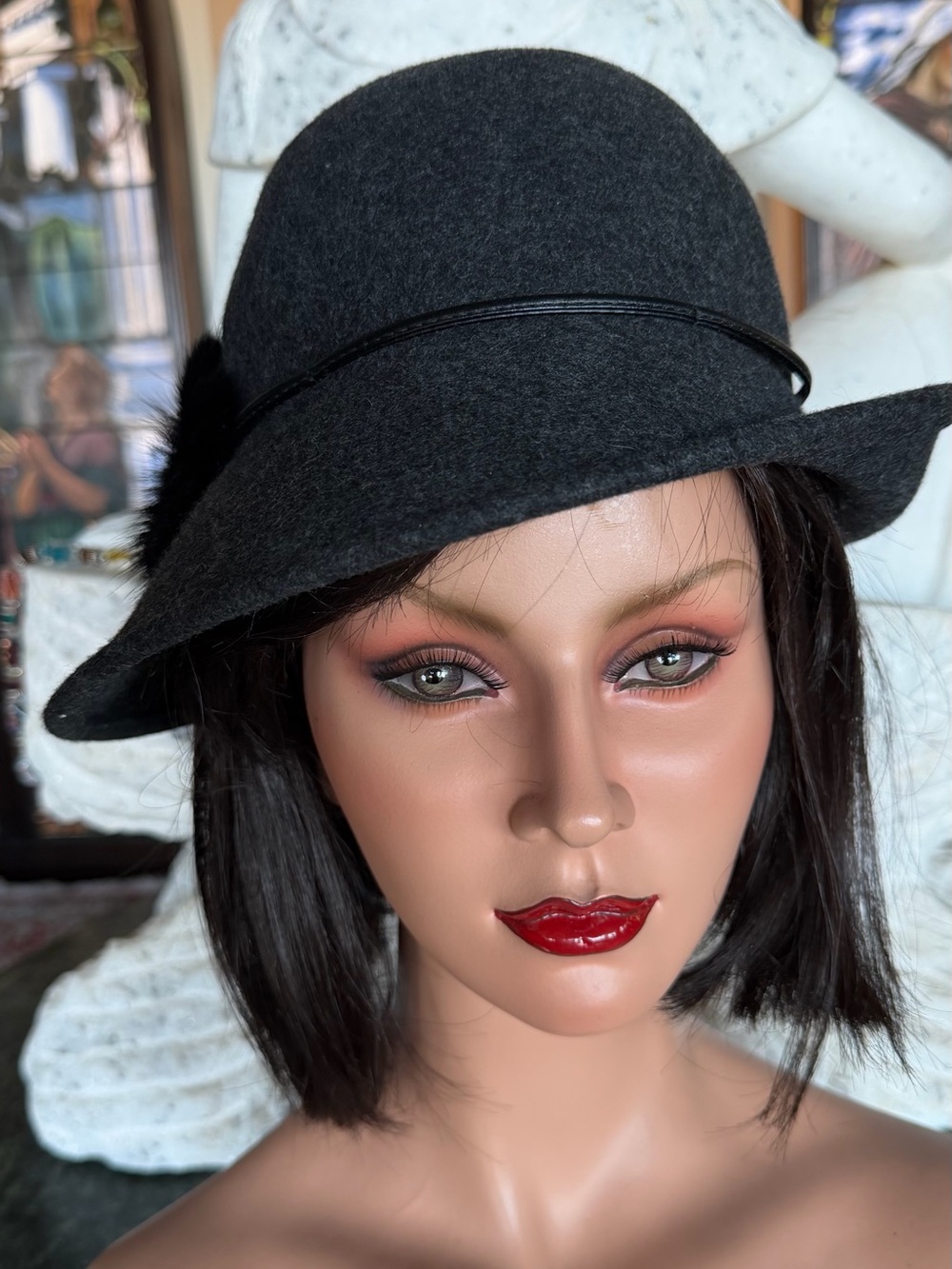 Women's dark gray Wool Cloche Hat with mink flower
